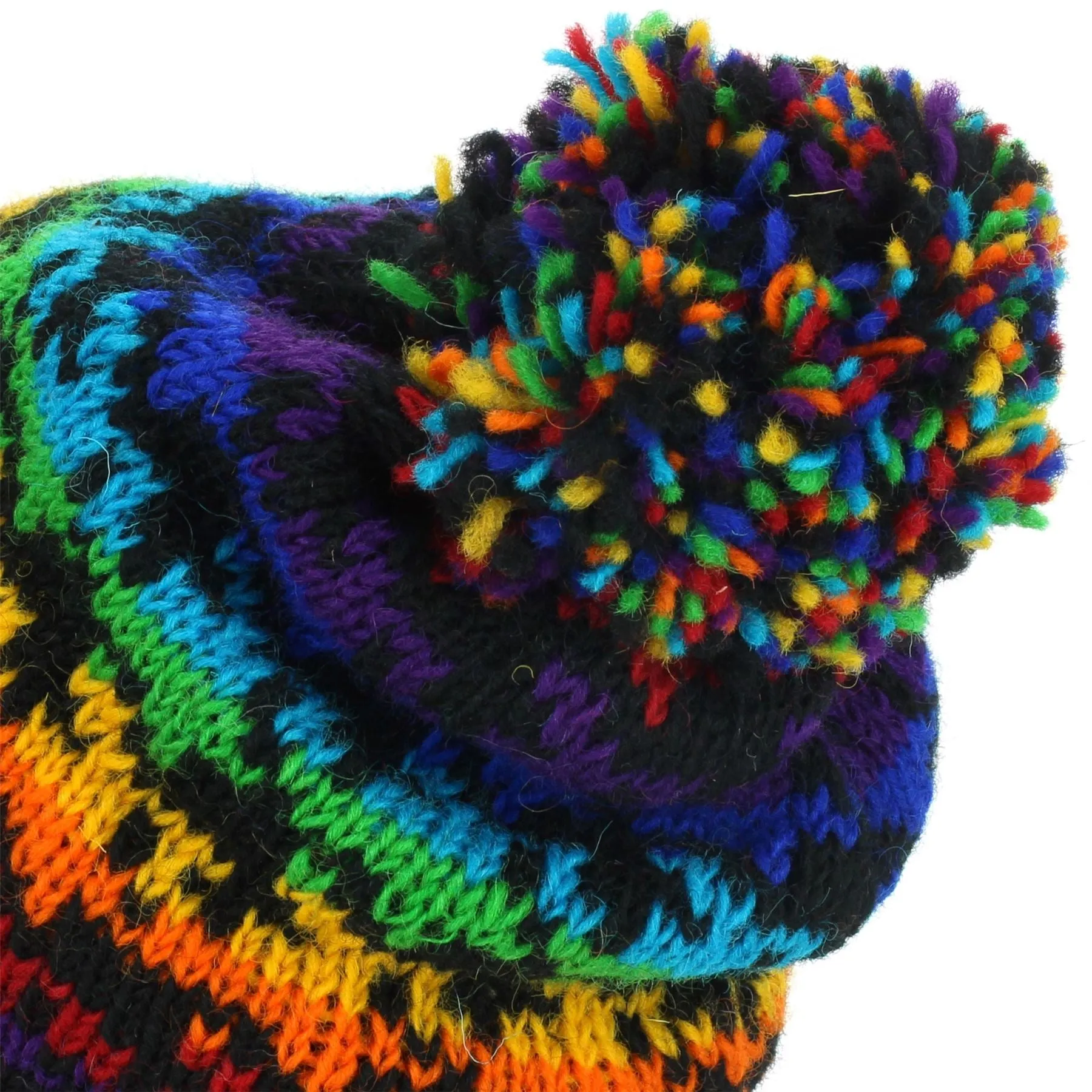 Wool Knit Bobble Beanie Hat - Rainbow Houndstooth