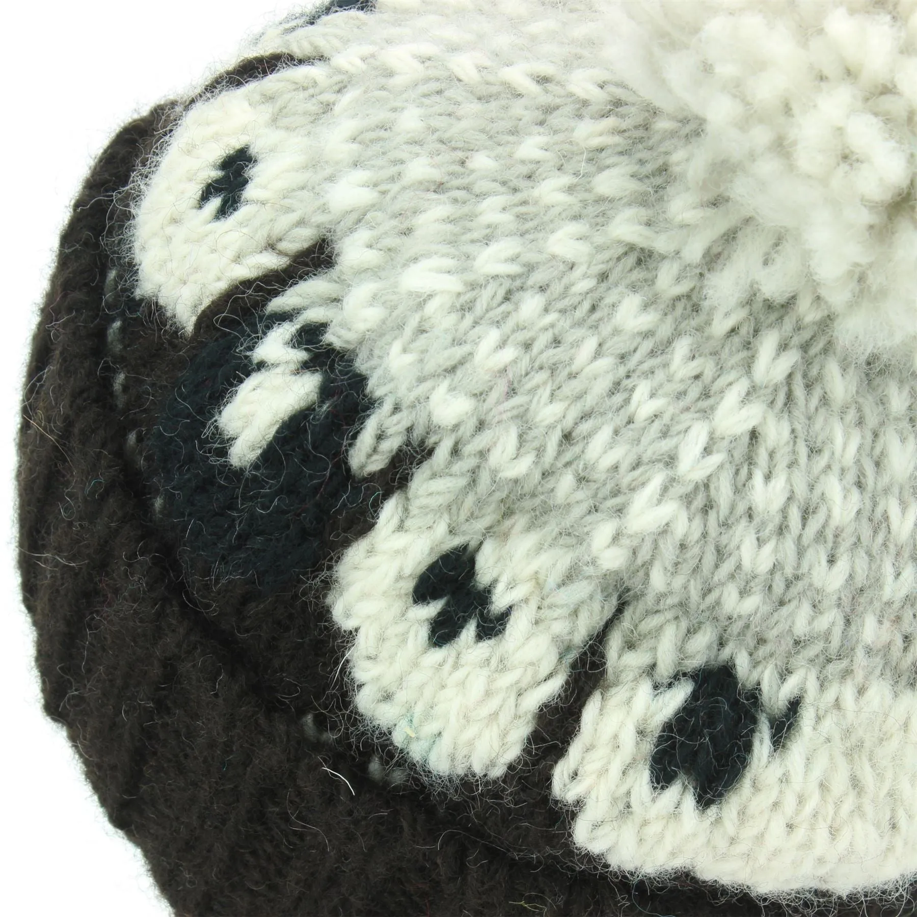 Wool Knit Bobble Beanie Hat - Sheep - Brown Grey