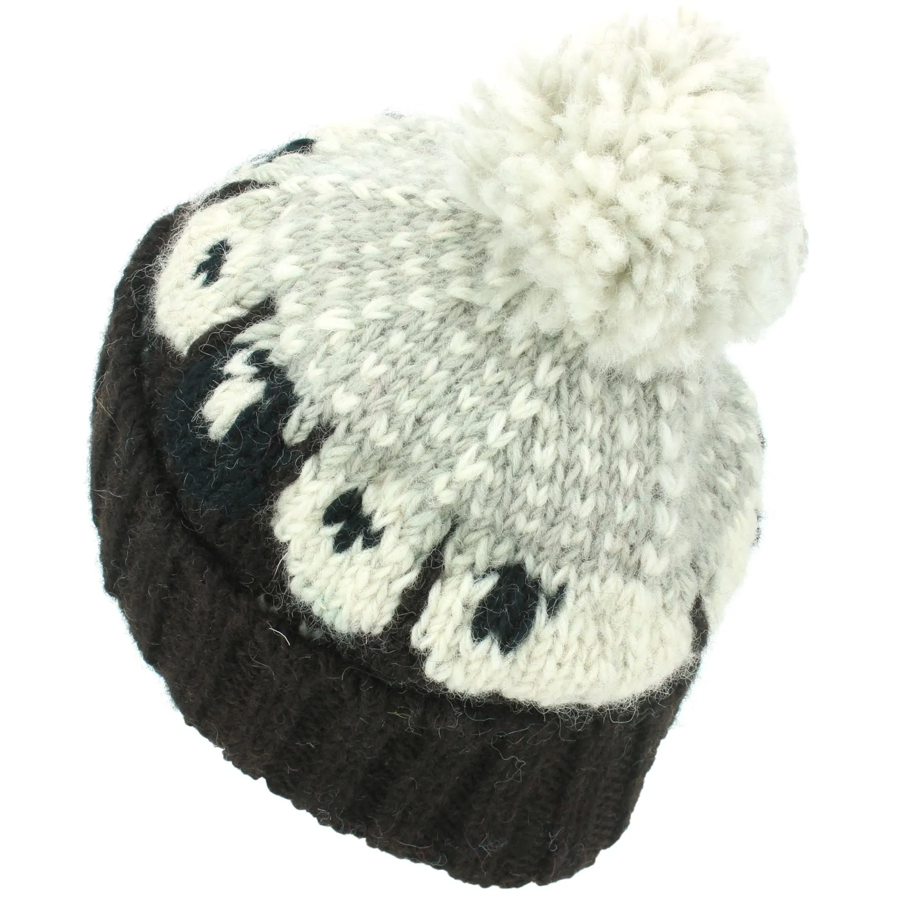 Wool Knit Bobble Beanie Hat - Sheep - Brown Grey