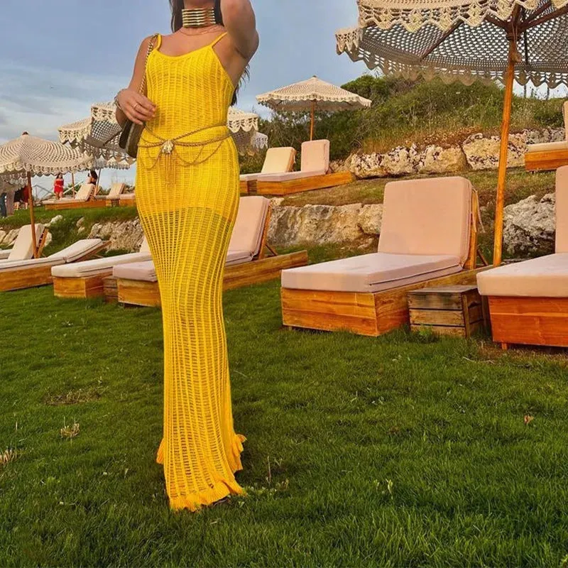 Yellow V-Neck Sleeveless Backless Beach Maxi Dress