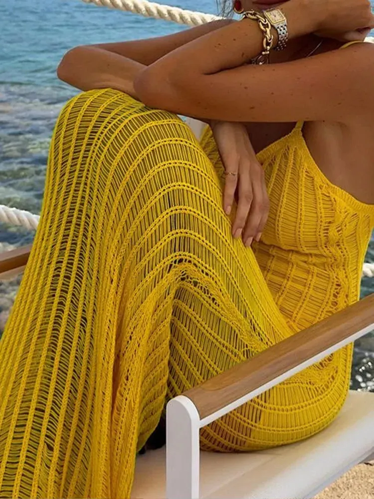 Yellow V-Neck Sleeveless Backless Beach Maxi Dress