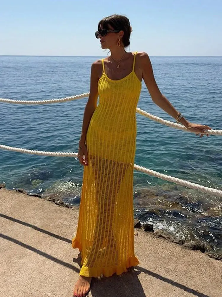 Yellow V-Neck Sleeveless Backless Beach Maxi Dress