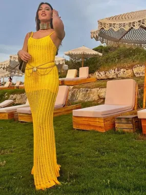 Yellow V-Neck Sleeveless Backless Beach Maxi Dress