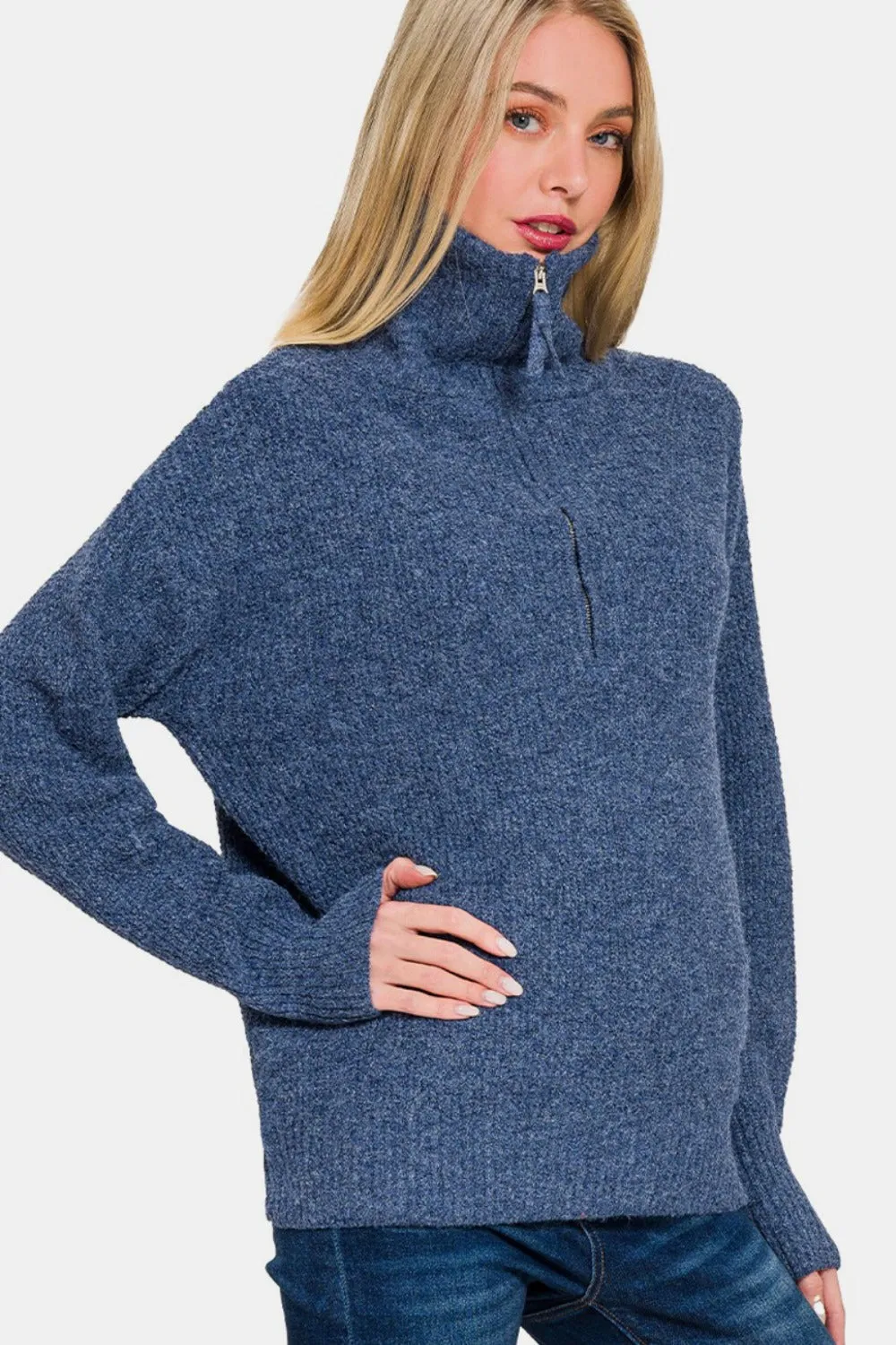 Zenana Half Zip Long Sleeve Sweater